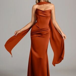 Burnt Orange Evening Gown Bridesmaid Dress Sorrel Stretch Satin Azazie W/ Shawl